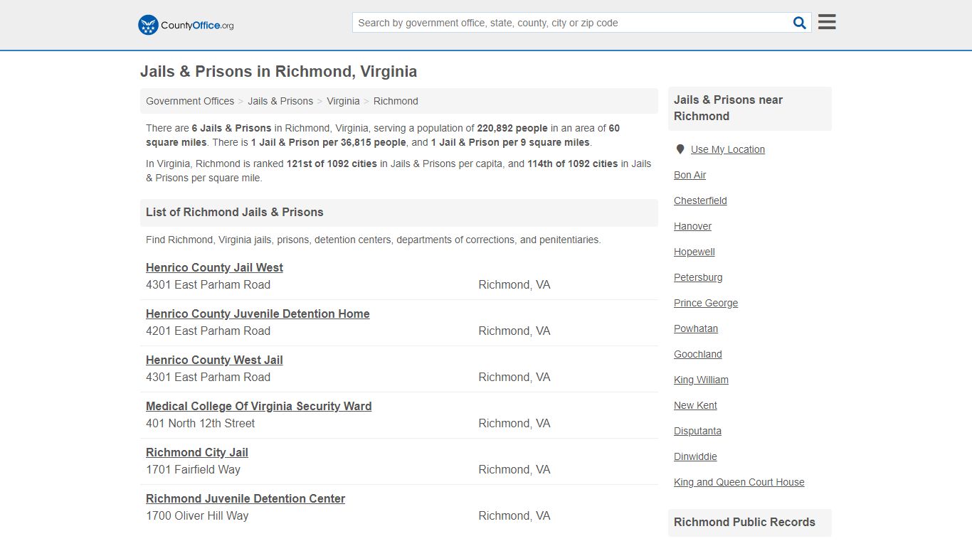 Jails & Prisons - Richmond, VA (Inmate Rosters & Records) - County Office